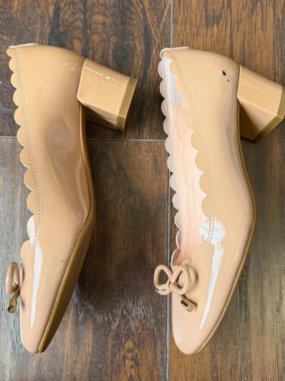 Kate Spade Yasmin Nude Leather Scalloped Block Kitten Heels Pumps Bow Mary Jane
